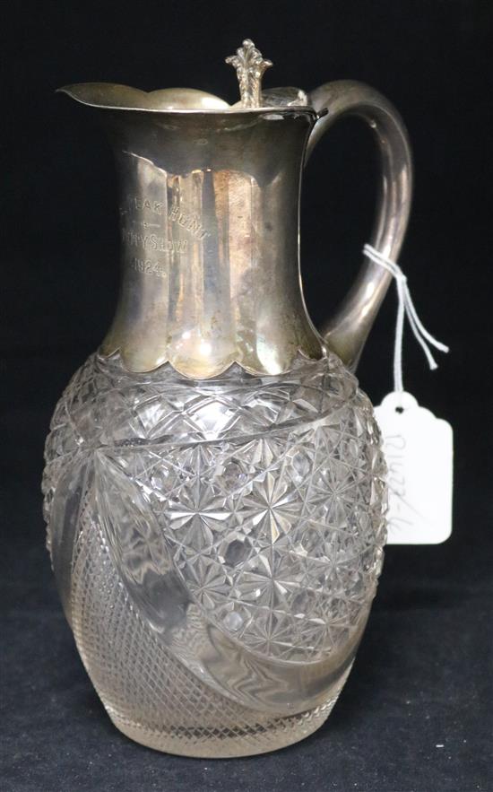 A George V silver mounted cut glass claret jug by Walker & Hall, Sheffield, 1922, 8.25in.